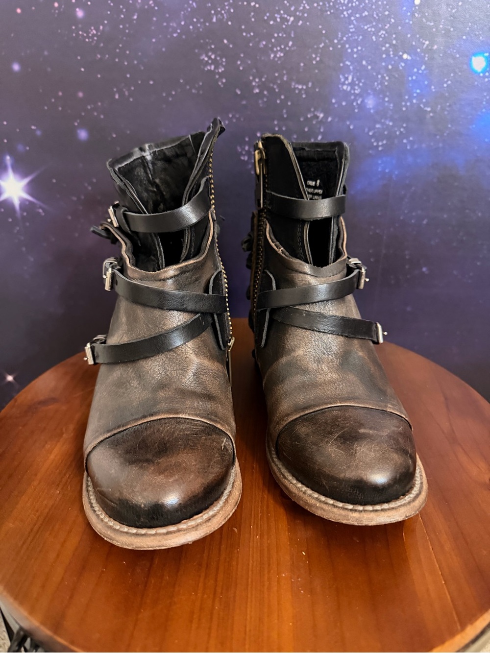 Free Bird Brown & Black Leather Strappy Heeled Ankle with Dust Covers